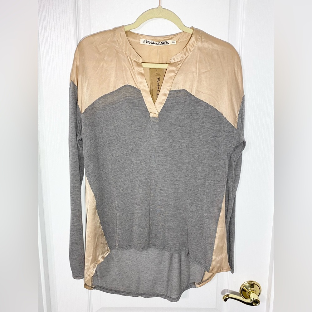 NWT Y2K Michael Stars SILK Mixed Media Split Neck Long Sleeve Blouse Tan Gray OS